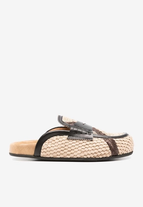 Slippers Wendy Leather-Trimmed Raffia Flat Mules