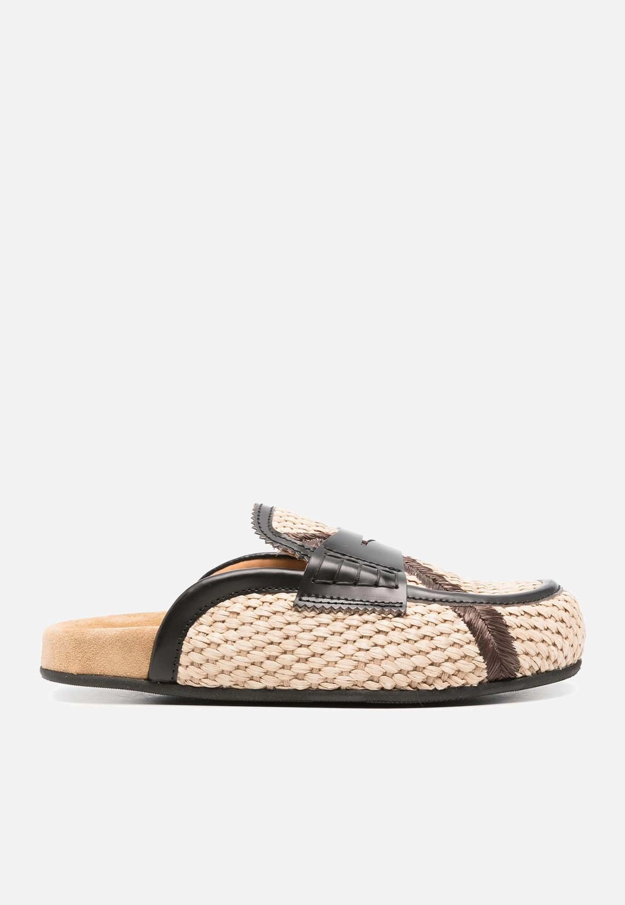 Leather-Trimmed Raffia Flat Mules Brunches Slippers