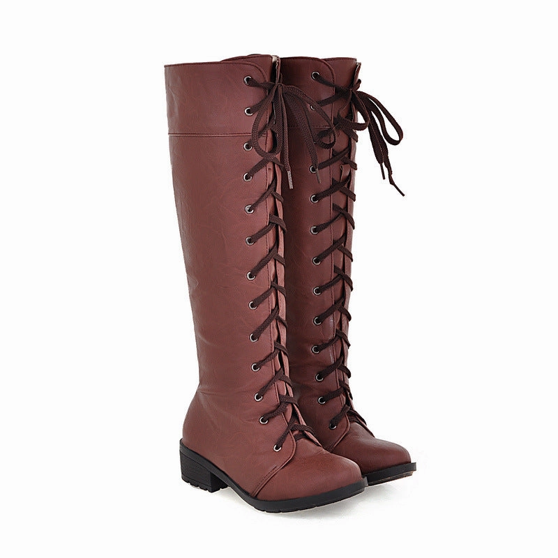 Logging Boots With Spikes Cross Straps Tall Motorcycle Boots Shoes for Women 5535