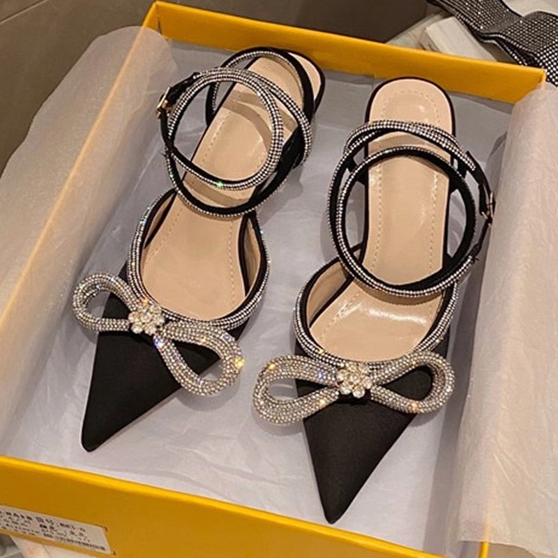 Crystal Bowknot Silk Pointed Toe Buckle Strap Thin High Heels Godzilla High Heels