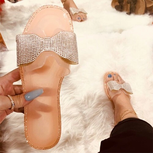 Amozae  Women Crystal Jelly Shoes Female Hot INS Slippers Ladies Bling Flats Woman Beach Shoes Women's Transparent Slides Plus Size 41 Freewaters Slippers