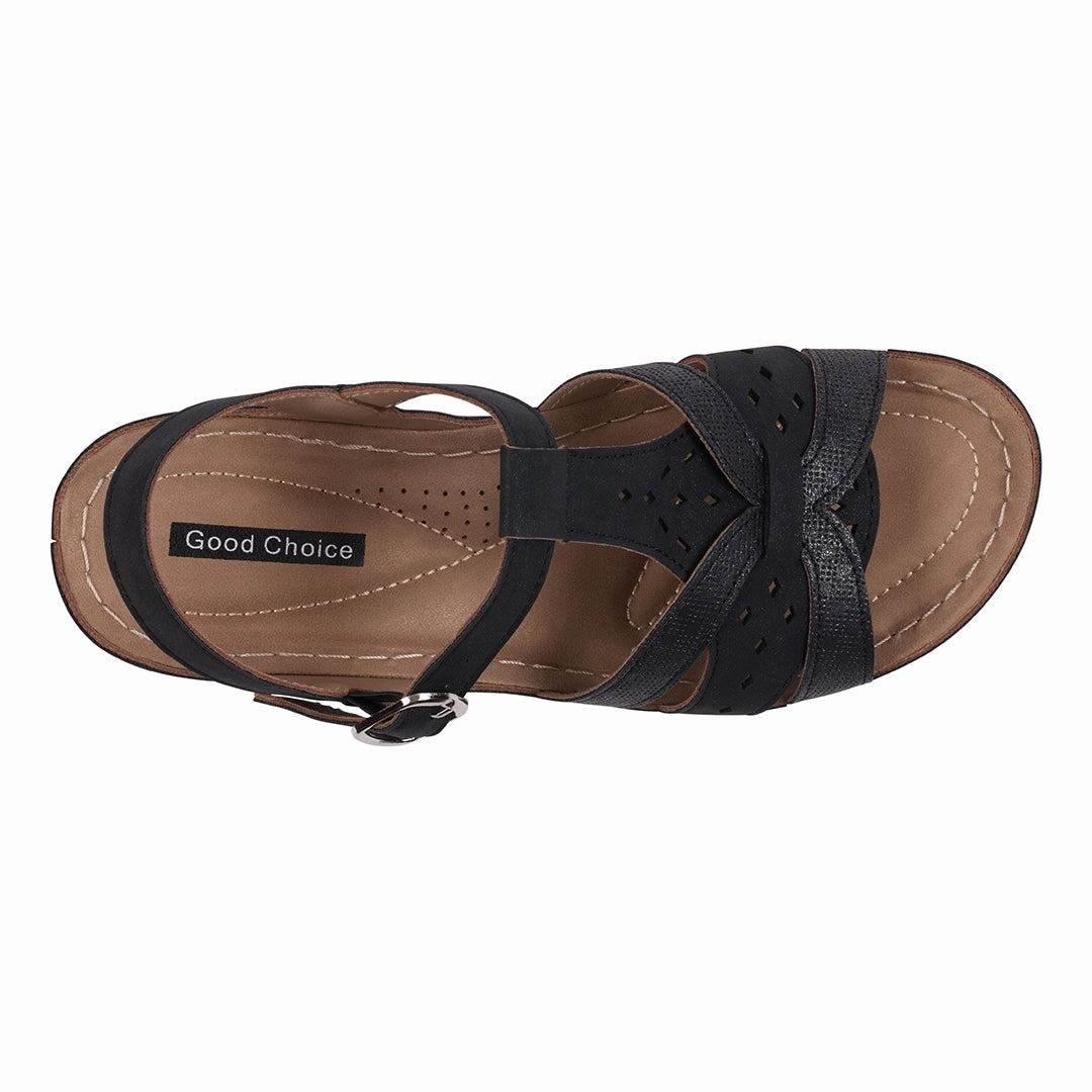 Sandals With Removable Insoles Darry Black Perforated T-Strap Slingback Wedge Sandals