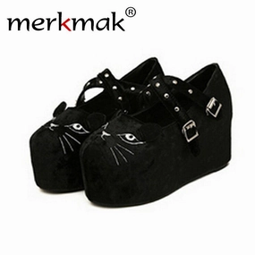 Merkmak 2016 Cute Platform Shoes Wedge Flatform Punk Creeper Thick Shoes High Heels Leopard Skull Black Women Shoes Plus Size Casual Shoes With High Heels