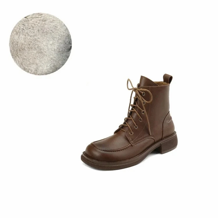 Leather And Boots binfenxie NEW Fall Shoes Women Split Leather Boots Round Toe Chunky Heel Women Shoes Winter Solid Lace-up Ankle Boots Western Boots Women