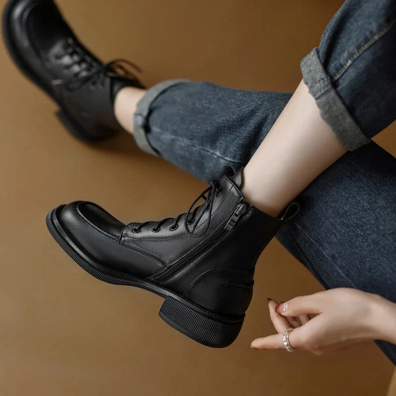 binfenxie NEW Fall Shoes Women Split Leather Boots Round Toe Chunky Heel Women Shoes Winter Solid Lace-up Ankle Boots Western Boots Women Deeluxe Snowboard Boots