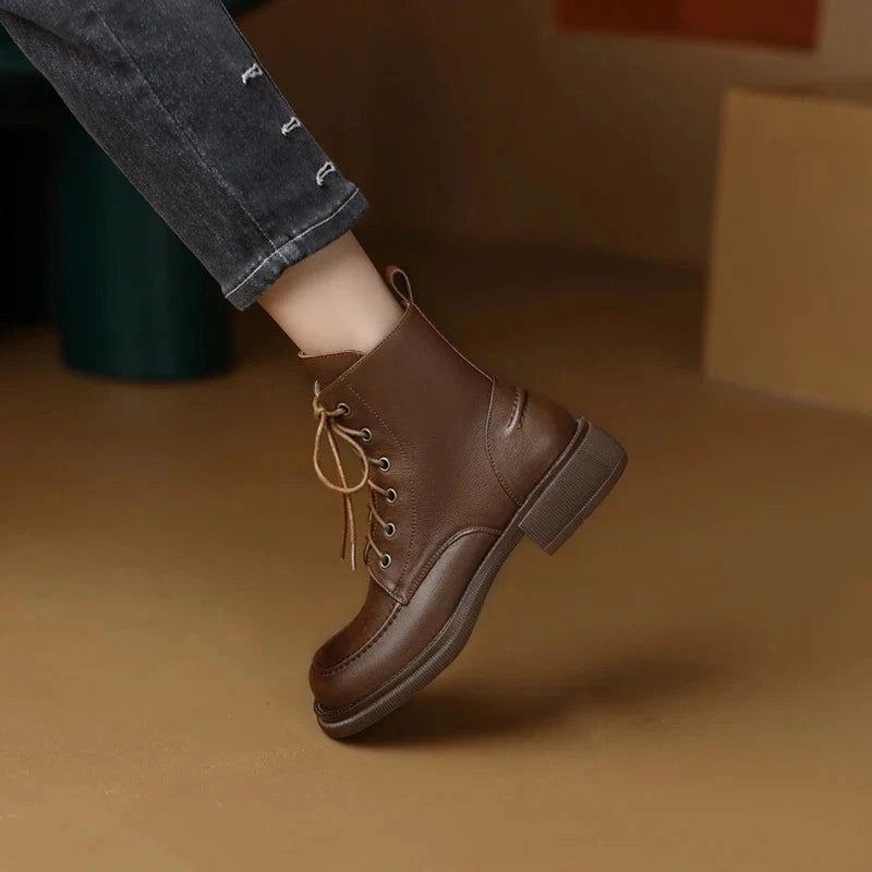 Snake Head Boots binfenxie NEW Fall Shoes Women Split Leather Boots Round Toe Chunky Heel Women Shoes Winter Solid Lace-up Ankle Boots Western Boots Women