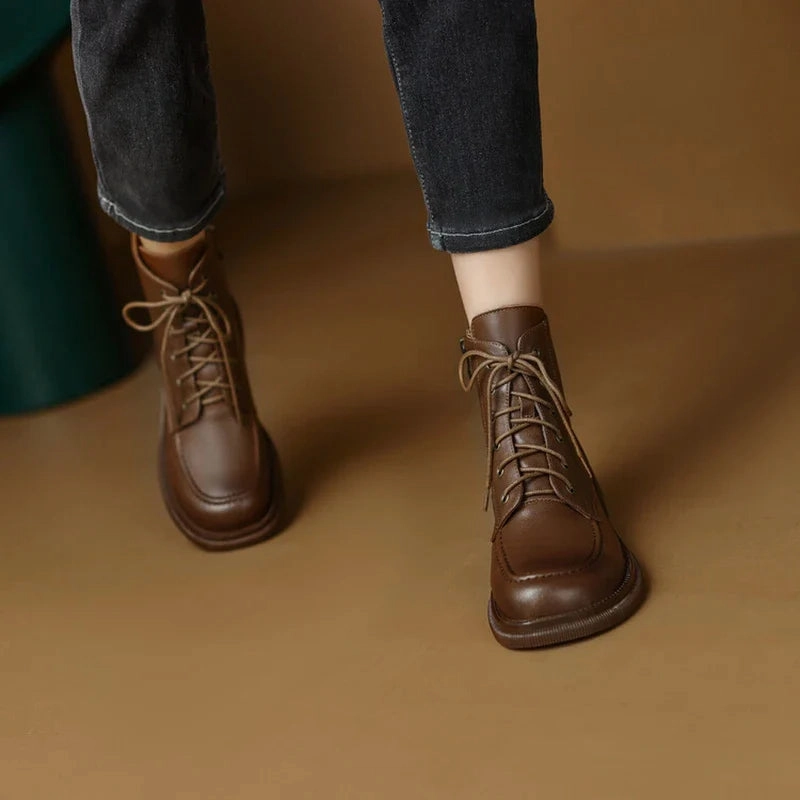 binfenxie NEW Fall Shoes Women Split Leather Boots Round Toe Chunky Heel Women Shoes Winter Solid Lace-up Ankle Boots Western Boots Women Expensive Western Boots