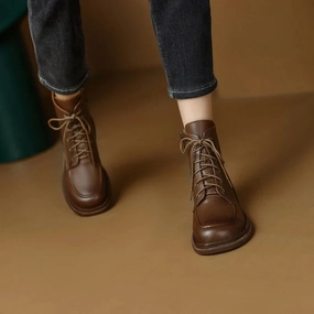 binfenxie NEW Fall Shoes Women Split Leather Boots Round Toe Chunky Heel Women Shoes Winter Solid Lace-up Ankle Boots Western Boots Women Brown Flat Boots