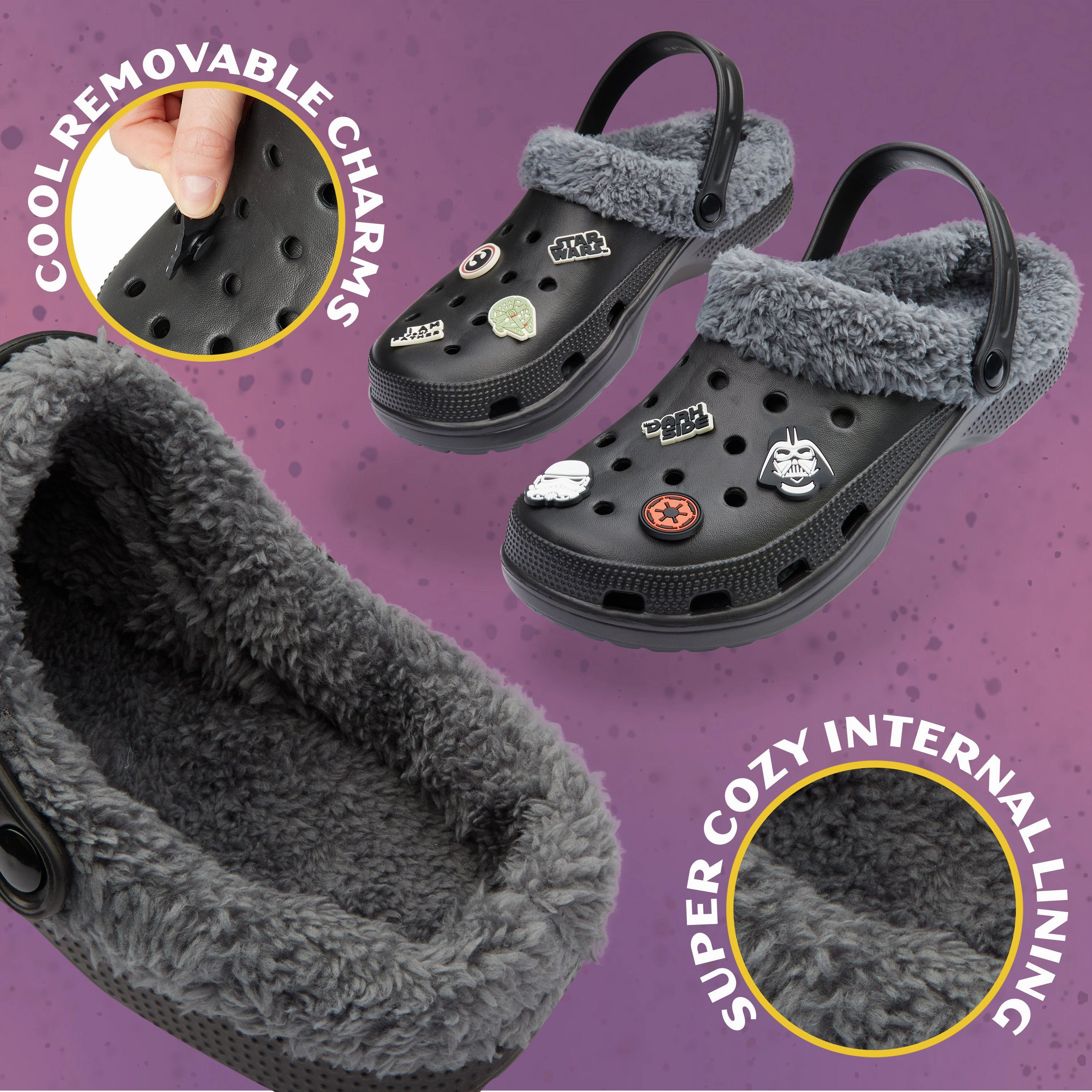 Disney Star Wars Clogs Mens Teens Winter Fleece Lining & Removable Charms - Warm Slip On Garden Shoes with Strap Brown Clogs