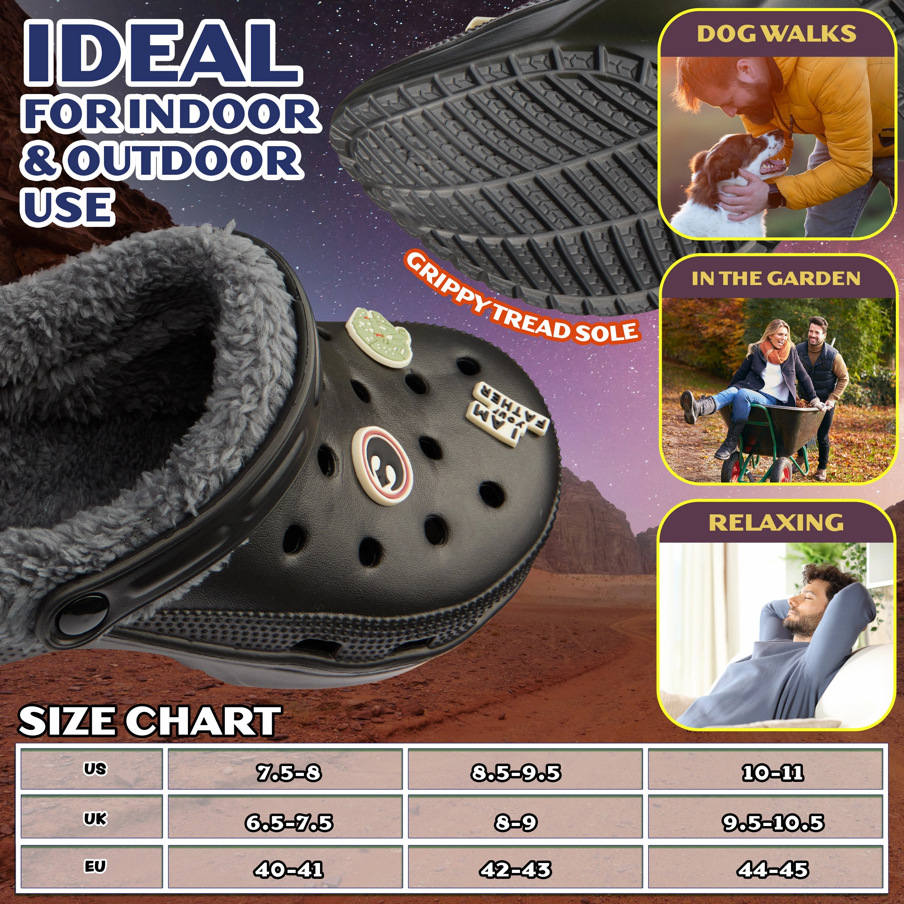 Disney Star Wars Clogs Mens Teens Winter Fleece Lining & Removable Charms - Warm Slip On Garden Shoes with Strap Cold Weather Clogs