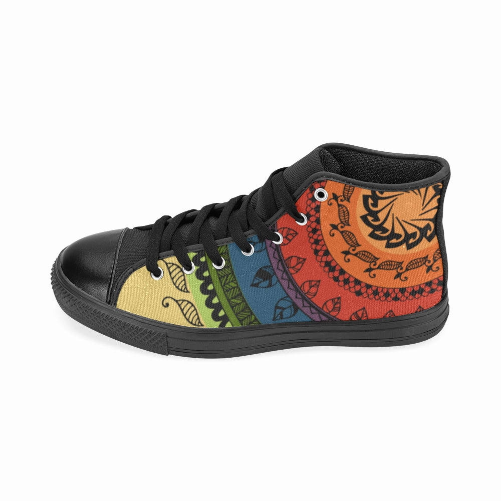 Disco High Heels Women's Black Folksy Mandala Print Canvas High Top Shoes