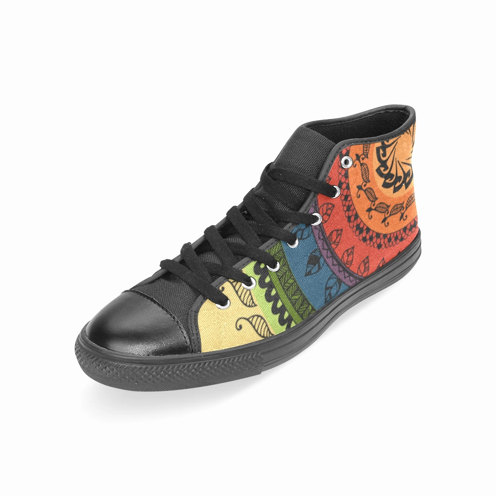 Women's Black Folksy Mandala Print Canvas High Top Shoes High Heel Png