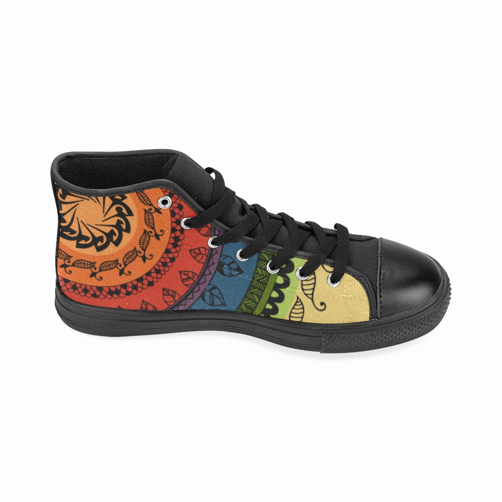 T Bar High Heel Shoes Women's Black Folksy Mandala Print Canvas High Top Shoes