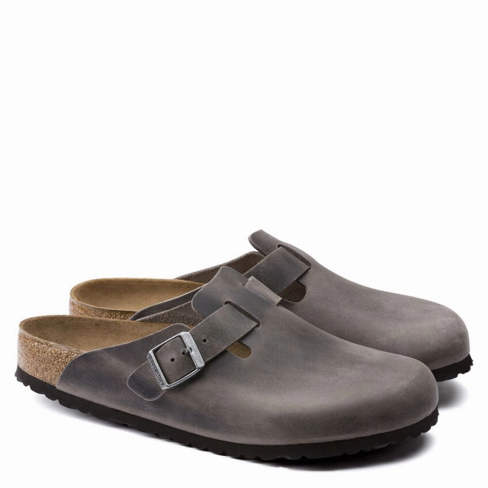 Birkenstock Men's Boston Softbed Oiled Leather in Iron Able Clogs