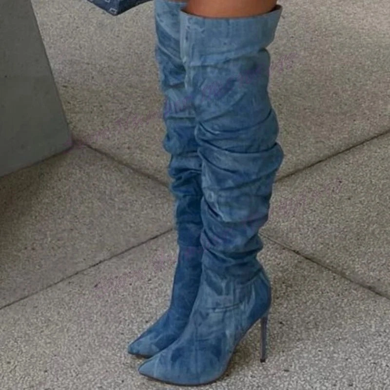 binfenxie  -  Blue Denim Over The Knee Boots Pointed Toe Shoes for Women Stilettos High Heels Sexy Lady Party Shoes 2024 Zapatos Para Mujere Aku Boots