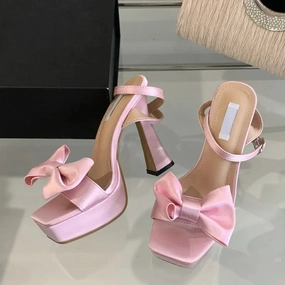Sandals Royal Caribbean All Inclusive Resort Amozae-2024 New Brand Super High Heels Sexy Sandals Fashion Pink Silk Bowknot Square Open Toe Chunky Platform Shoes Women Pumps