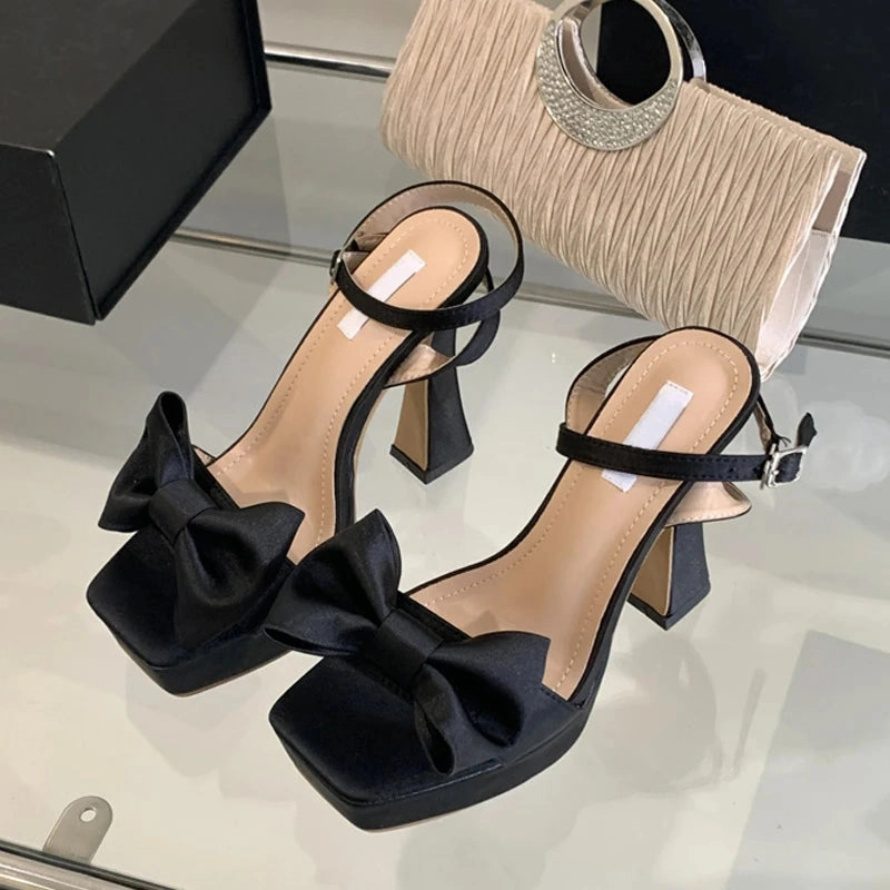 Heel Mule Sandals Amozae-2024 New Brand Super High Heels Sexy Sandals Fashion Pink Silk Bowknot Square Open Toe Chunky Platform Shoes Women Pumps