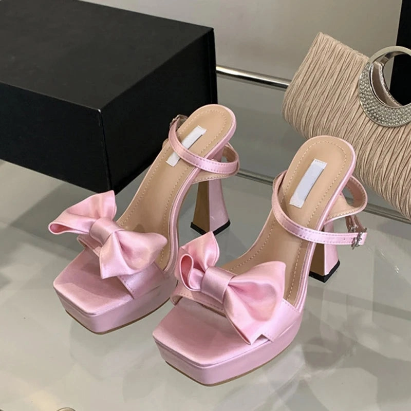 Best Sandals For Hiking Amozae-2024 New Brand Super High Heels Sexy Sandals Fashion Pink Silk Bowknot Square Open Toe Chunky Platform Shoes Women Pumps