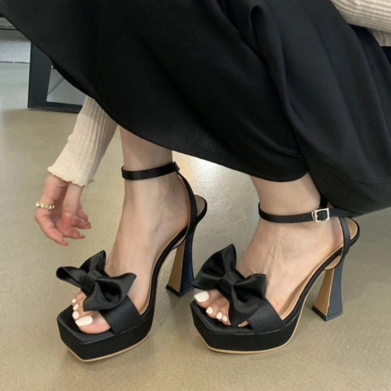 Sandals For Shower Amozae-2024 New Brand Super High Heels Sexy Sandals Fashion Pink Silk Bowknot Square Open Toe Chunky Platform Shoes Women Pumps