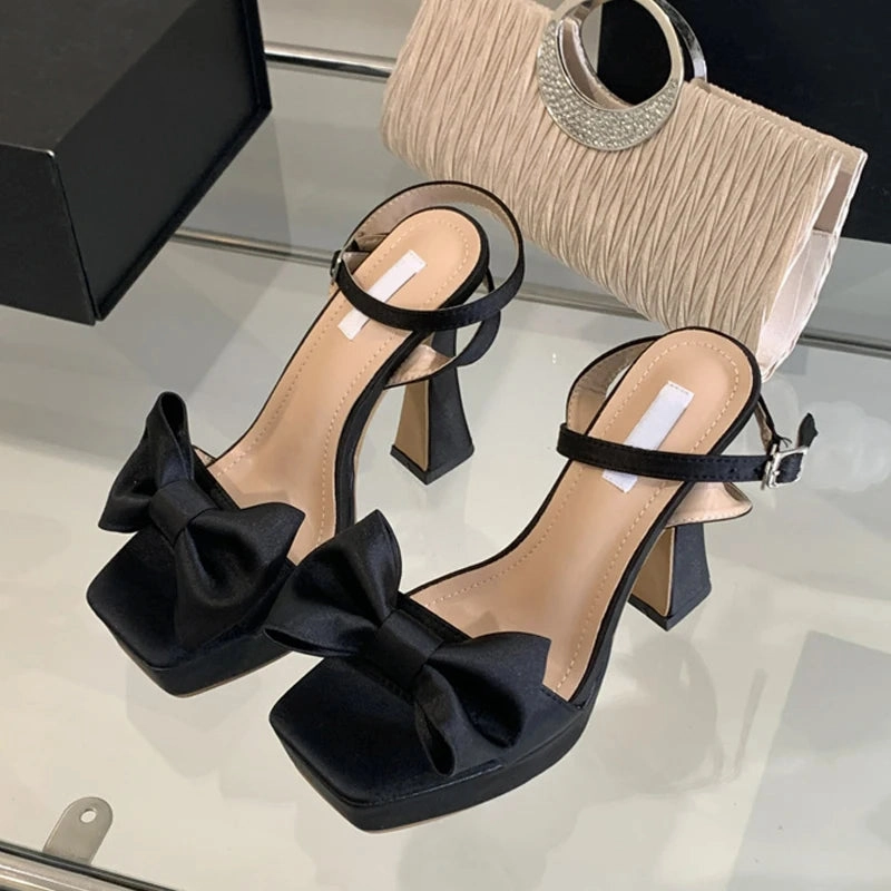 Amozae-2024 New Brand Super High Heels Sexy Sandals Fashion Pink Silk Bowknot Square Open Toe Chunky Platform Shoes Women Pumps Sandals Sea Bubble Triple