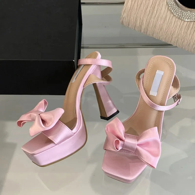 Amozae-2024 New Brand Super High Heels Sexy Sandals Fashion Pink Silk Bowknot Square Open Toe Chunky Platform Shoes Women Pumps Earth And Spirit Sandals
