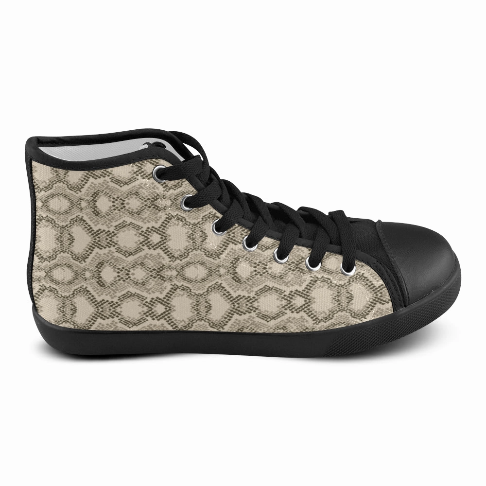 Skull High Heel Shoes Women's Beige Snake Print High Top Canvas Shoes