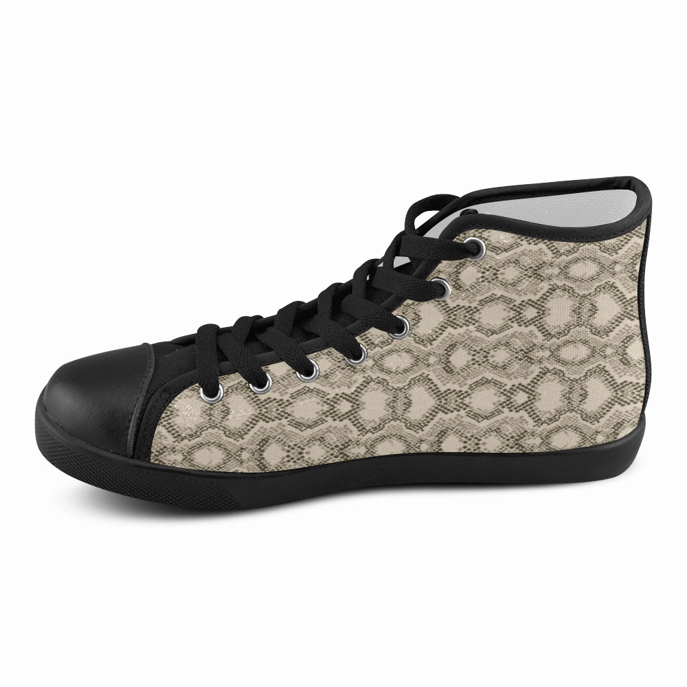 Block Heel High Women's Beige Snake Print High Top Canvas Shoes