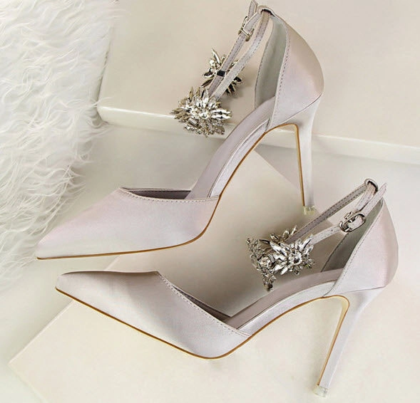 Elegant Rhinestone High Heels Women Pumps Silk Pointed Toe Shoes Service Casual Shoes