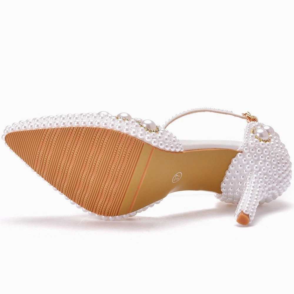 Women White Pearl Diamond Wedding High Heels Shoes High Heel Mules Open Toe