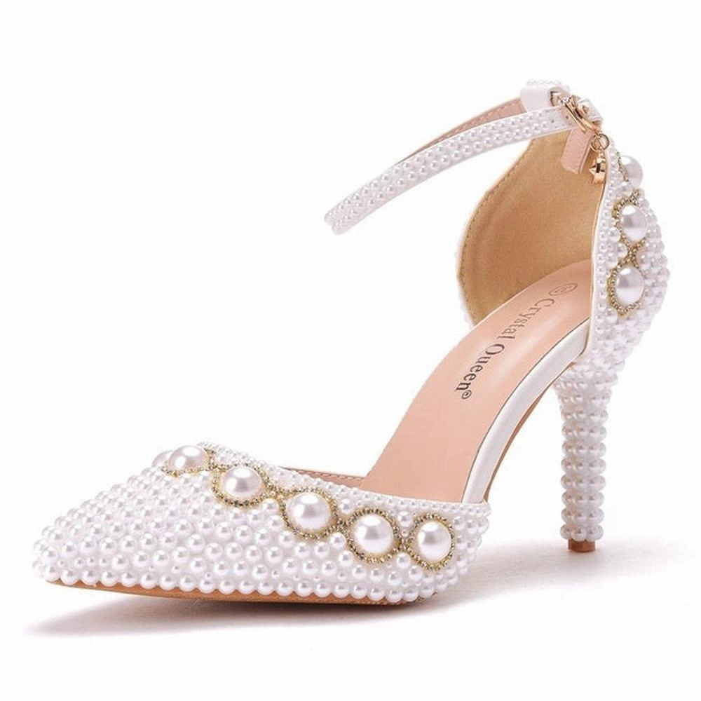 Women White Pearl Diamond Wedding High Heels Shoes She Wears High Heels I Wear Sneakers Song