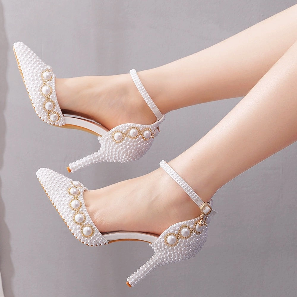 Women White Pearl Diamond Wedding High Heels Shoes Thigh High Boots Without Heel Plus Size