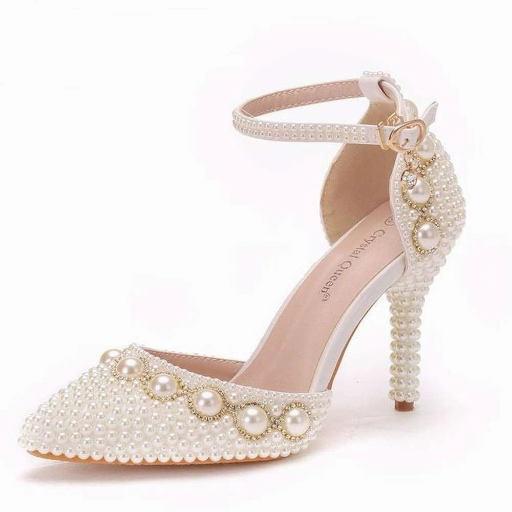 Women White Pearl Diamond Wedding High Heels Shoes Office High Heels