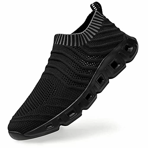 HANMUN Mens Walking Shoes Slip-on Lightweight Mesh Trainers Casual Gym Athletic Fitness Sport Shoes Fashion Breathable Shoes for Jogging All Black Size 6 Golf Shoe Sales Golf