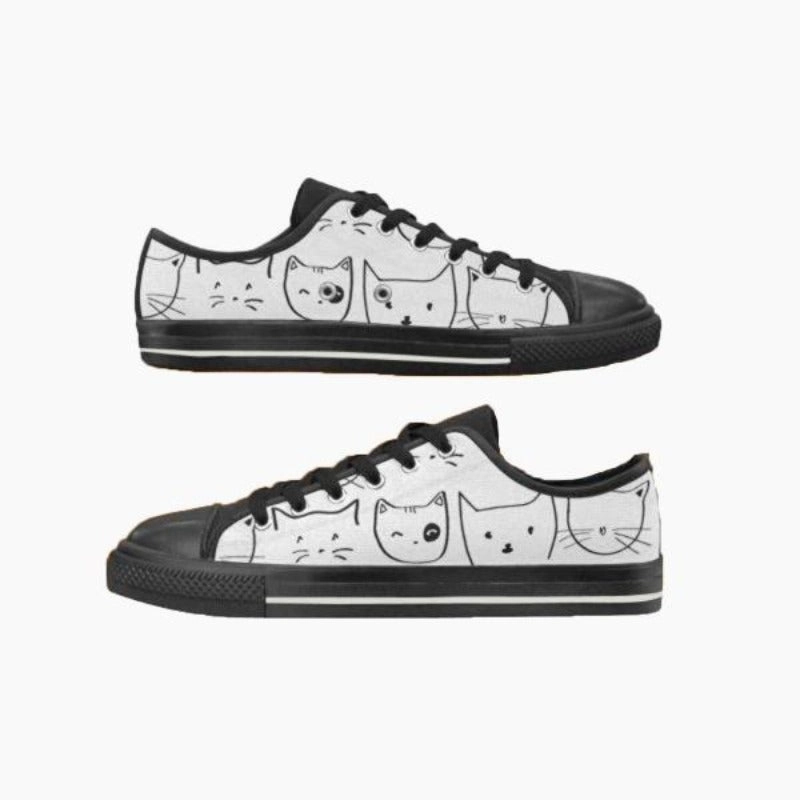 Senior Sneakers Personalized Black Cats Women's White Canvas Shoes