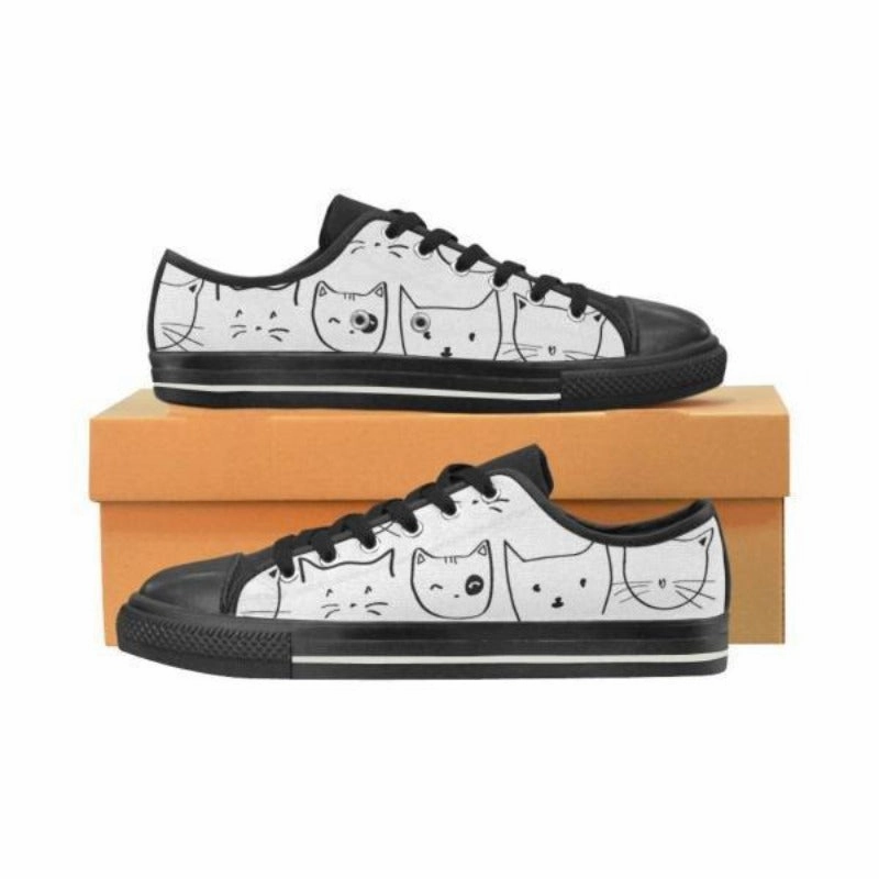 Personalized Black Cats Women's White Canvas Shoes Casual Sneakers