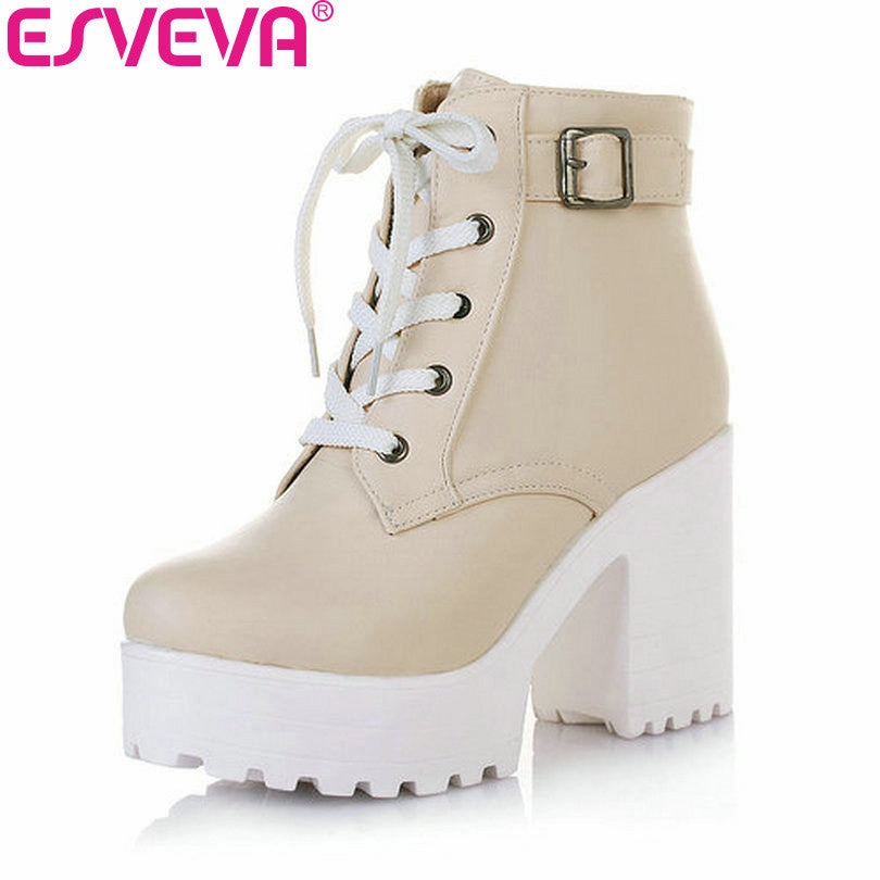 ESVEVA 3 Color Winter Lace-Up Sexy Women Boots Fashion Platform punk high square heels Black Buckle Ankle boots Plus Size 34-43 With High Heel Boots