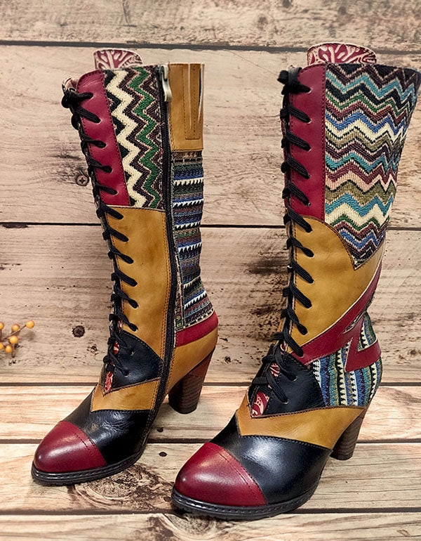 Ethnic Bohemian High Tube Handmade Boots 36-41 Tie Up Combat Boots