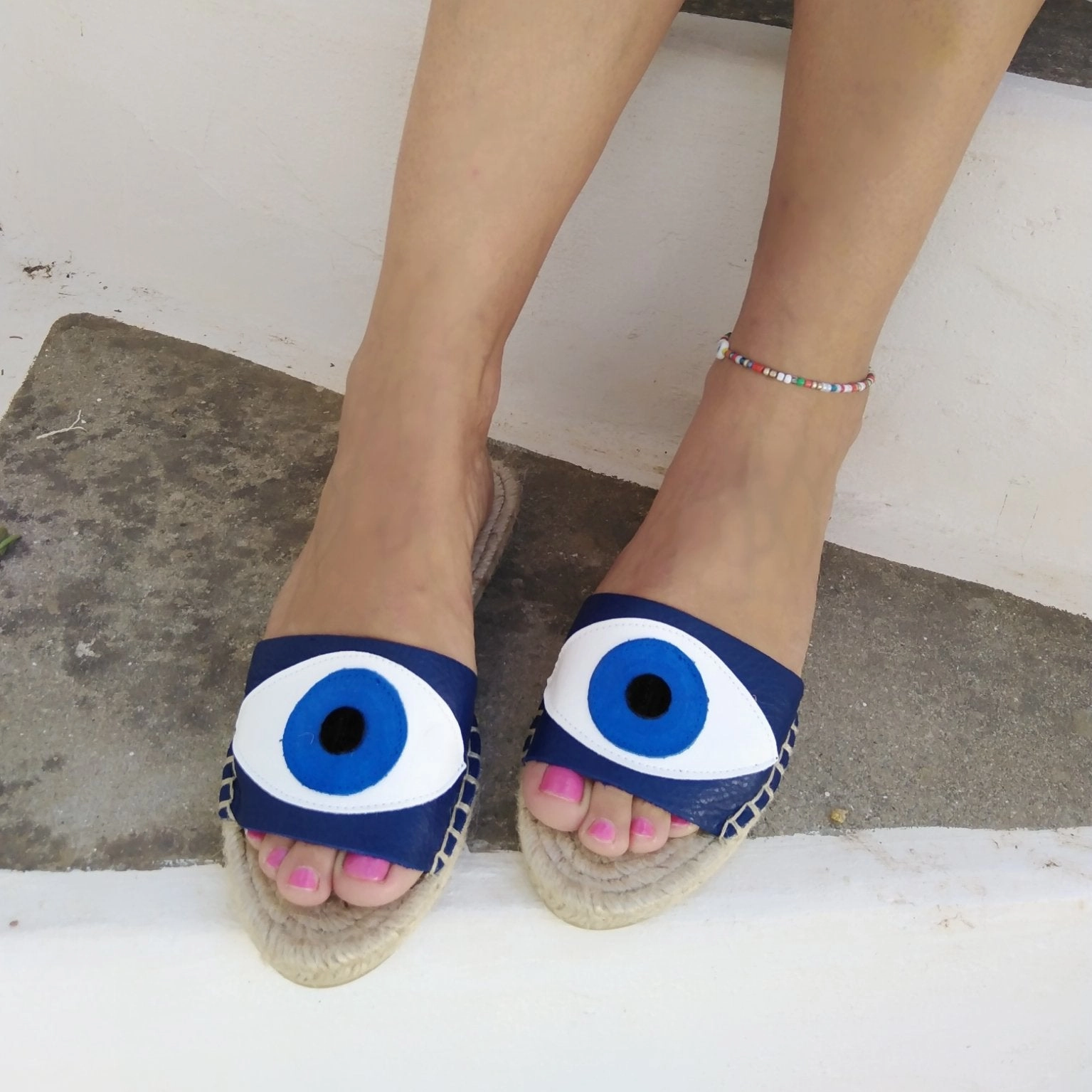 Evil Eye Espadrilles Slides - Blue Comfortable Flat Ballet Shoes