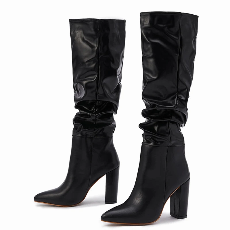 Socks With Heels Fashion Knee High Boots Sexy Pointed Toe Square Heels