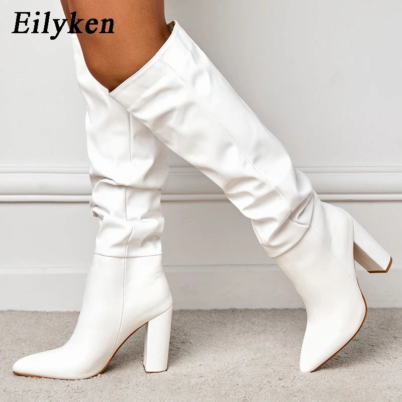 Fashion Knee High Boots Sexy Pointed Toe Square Heels High End High Heels