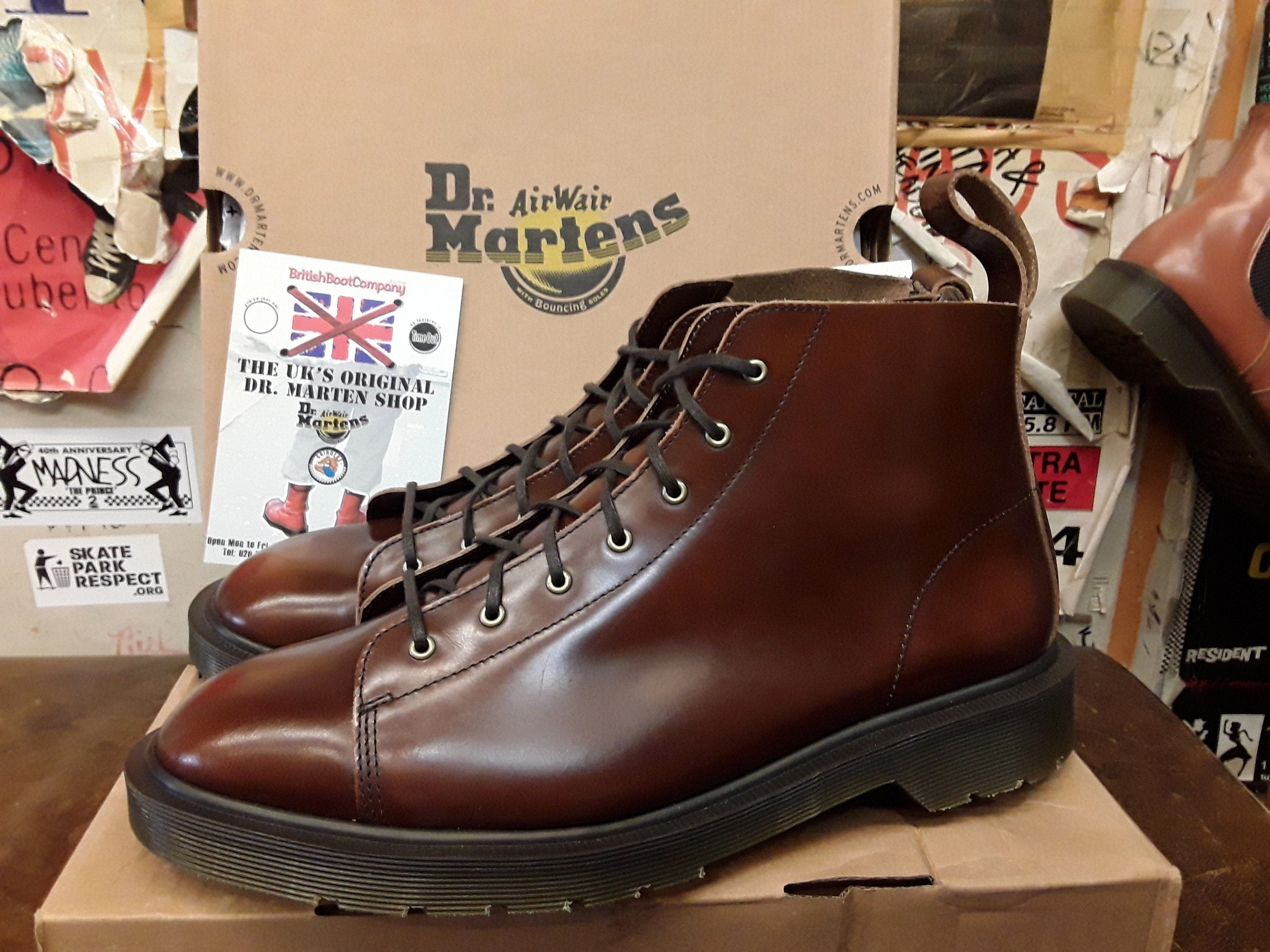 Dr Martens Les Monkey Boots, Size UK12, Made in England, Brown Polished Leather, 7 hole Boots Snowflake Boots