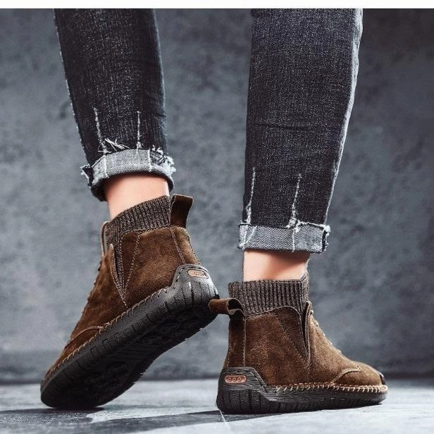 Mens casual ankle boots suede retro lace-up boots fall/winter shoes for men Tough 1 Thick Gum Rubber Slip-on Bell Boots X-large