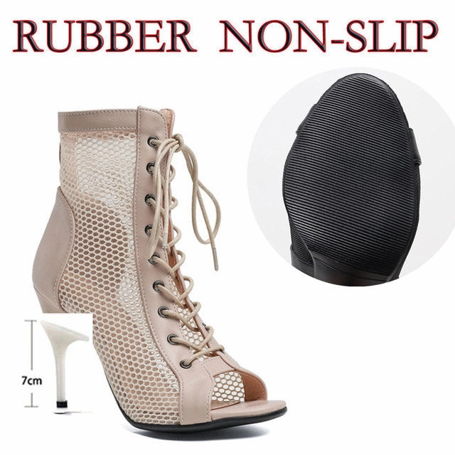 Knee High Boot Low Heel Fish Mouth Dance High Heels Mesh Boots