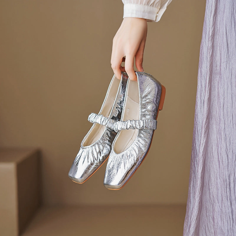 Dress With Shoes Flat Pleated Sheepskin Square Head Ankle-strap Shoes Women