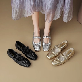 Flat Pleated Sheepskin Square Head Ankle-strap Shoes Women Flat Summer Shoes