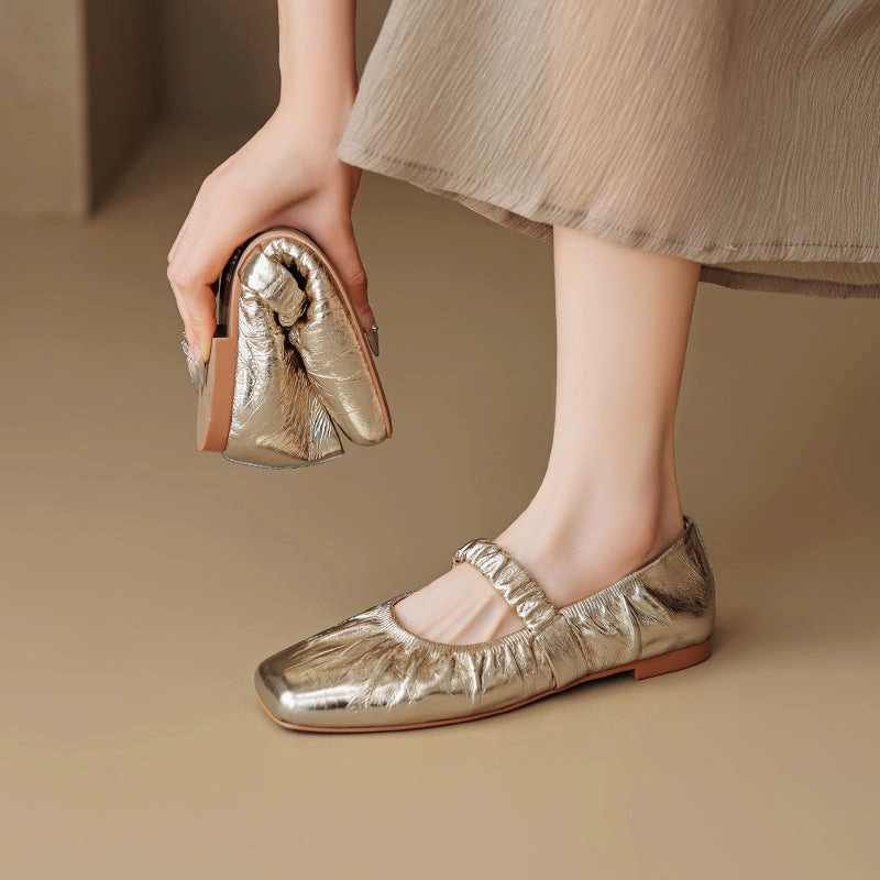 Flat Pleated Sheepskin Square Head Ankle-strap Shoes Women Flat Feet Dress Shoes