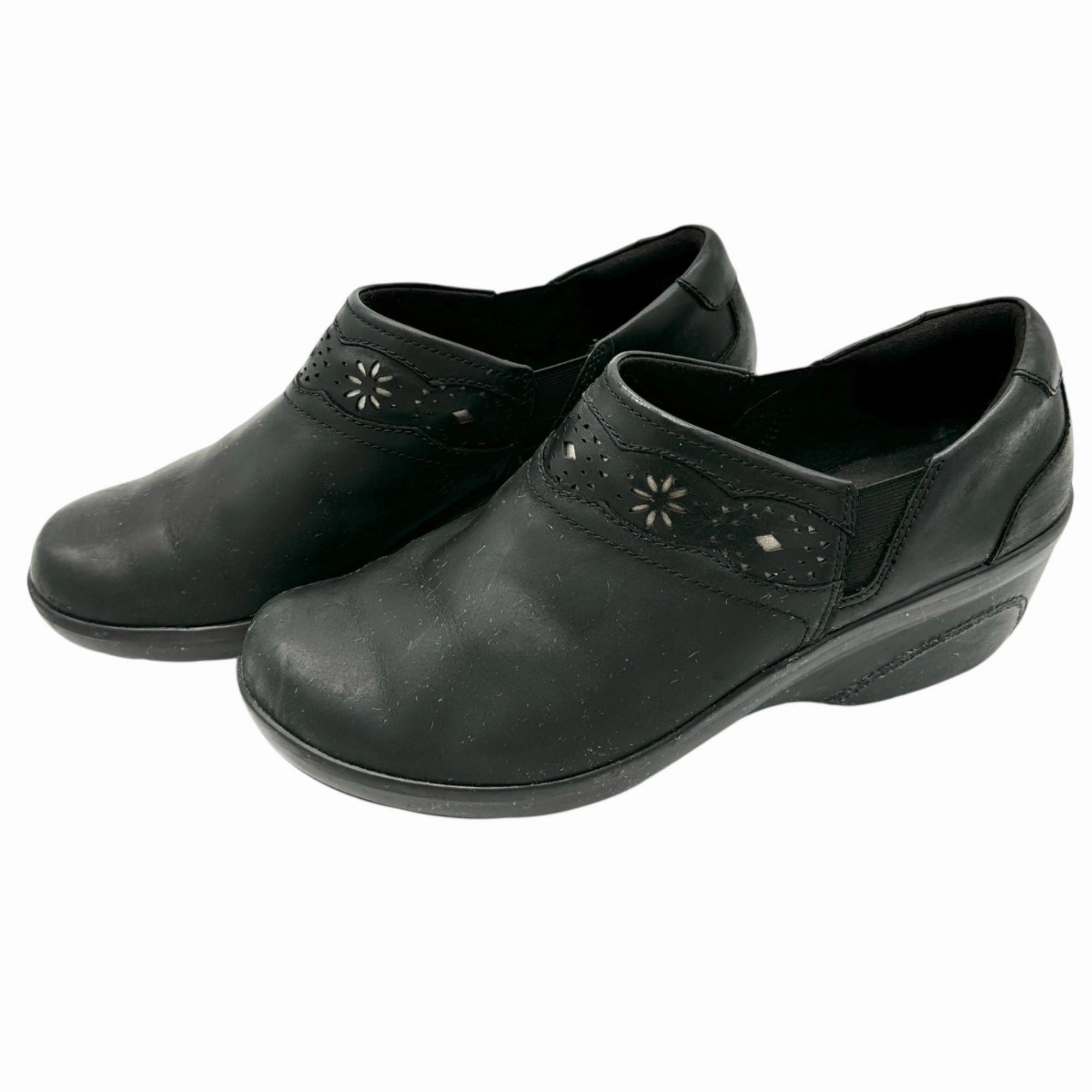 American Made Running Shoe Collection by Clarks Marion Helen Clogs Womens 9.5W Black Leather Wedge Slip Ons