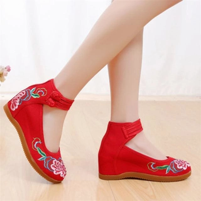 Flower Embroidered Ankle Strap Ladies Denim Cotton Wedged Canvas Shoes Ivory Heel Pumps