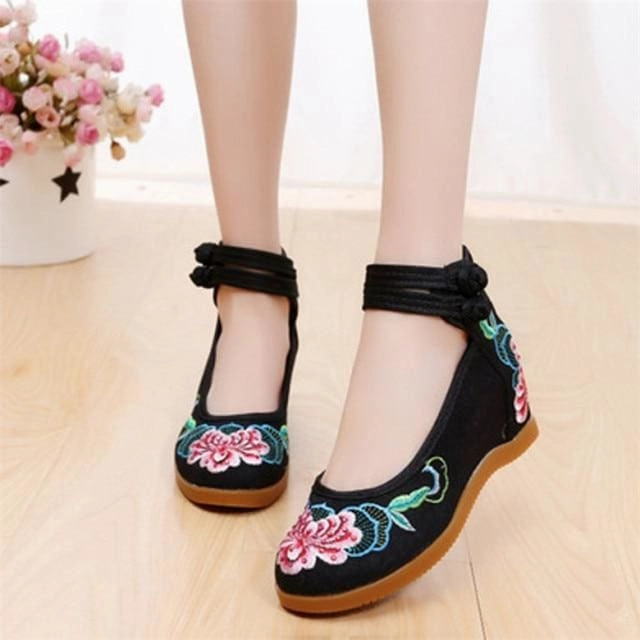 Summer Dress And Heels Flower Embroidered Ankle Strap Ladies Denim Cotton Wedged Canvas Shoes