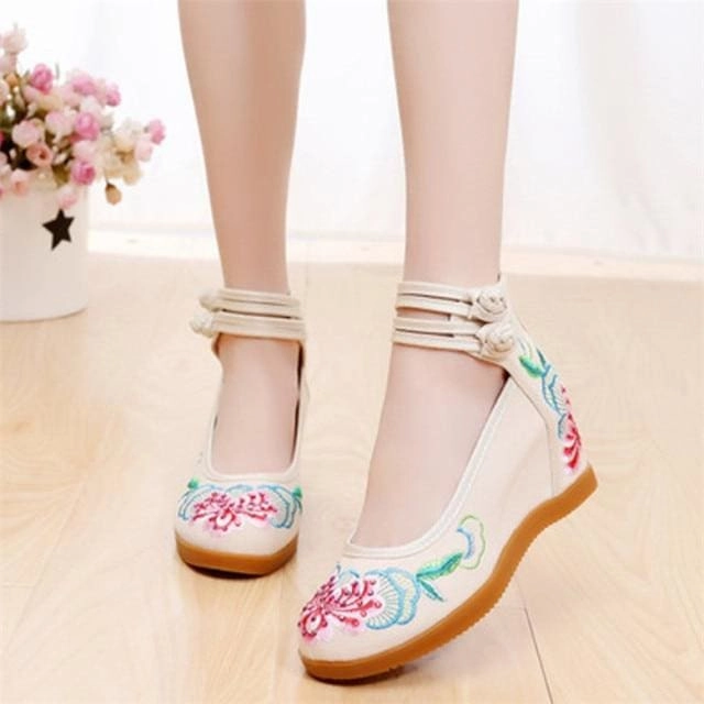 Flower Embroidered Ankle Strap Ladies Denim Cotton Wedged Canvas Shoes High Heel Guards